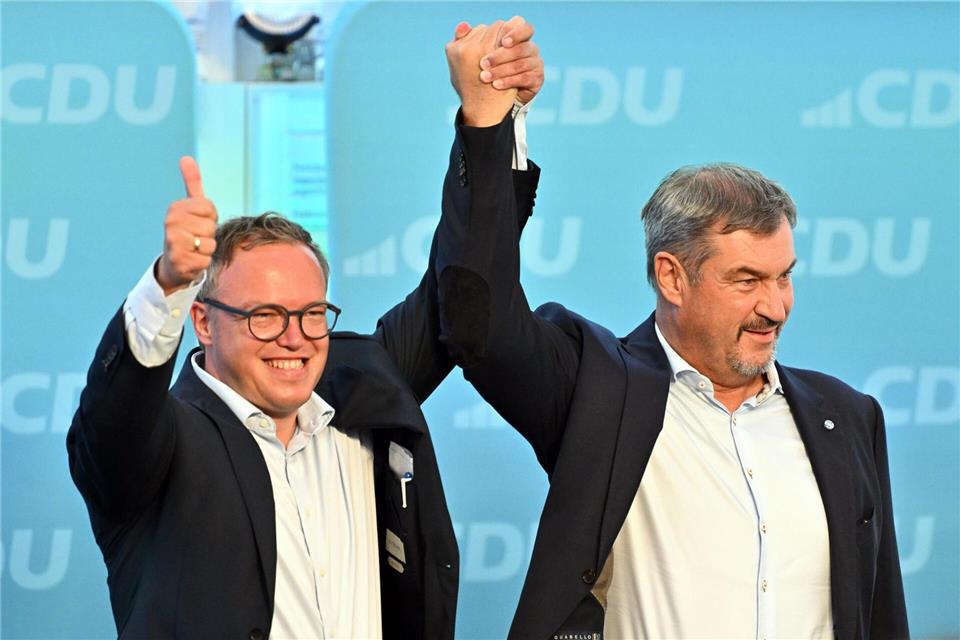 Mario Voigt und Markus Söder frotzeln über ein Bratwurst-Wettessen. (Archiv)Martin Schutt/dpa