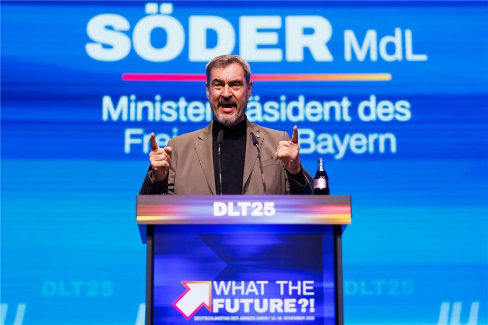 Markus Söder (CSU), Ministerpräsident von Bayern, spricht beim Deutschlandtag der Jungen Union. Philipp von Ditfurth/dpa