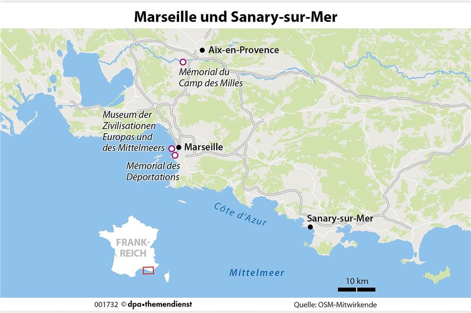 Marseille war 1940 der letzte freie Hafen im Land. Auch Sanary-sur-Mer und die Gedenkstätte Camp des Milles in Aix-en-Provence sind wichtige Erinnerungsorte.dpa-infografik/dpa-tmn