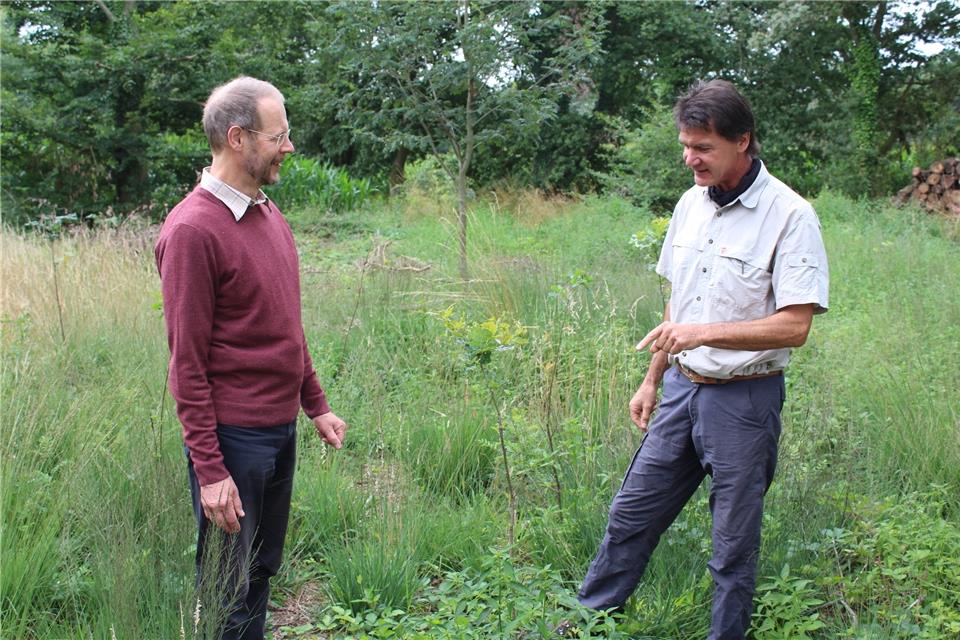 Martin Hillenbrand (l.), Vorsitzender Naturfördergesellschaft, und Förster Holger Eggert zeigen die neu gesetzten Pflanzen.