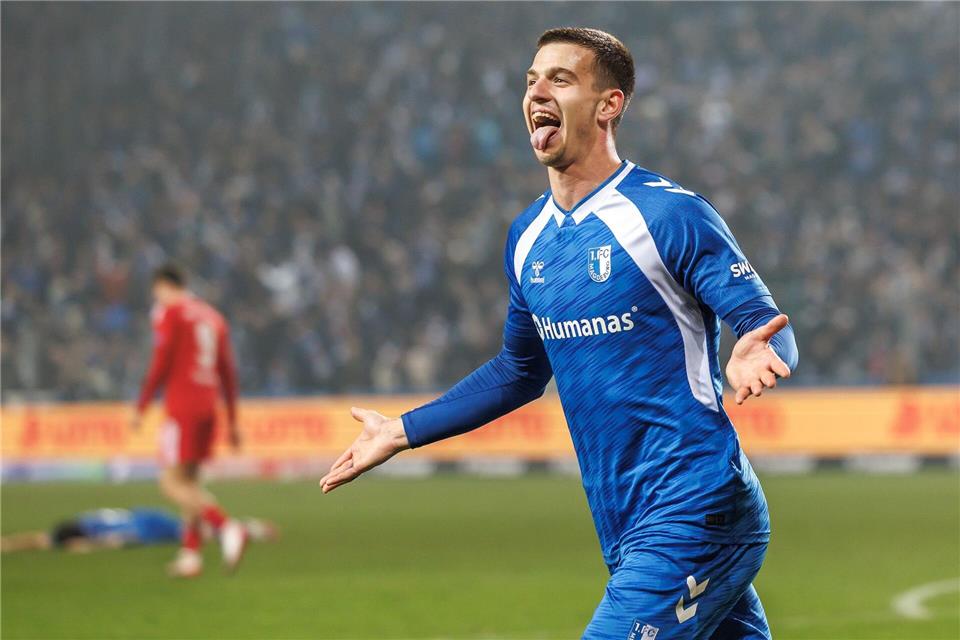 Mateusz Zukowski bejubelte gleich zwei Treffer bei seinem Heimdebüt.Andreas Gora/dpa