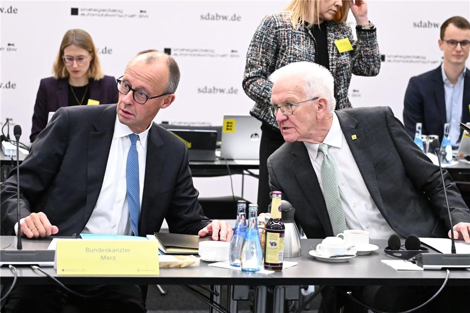 Merz nahm am Mittwoch bei einem Strategiedialog zur Autoindustrie in Stuttgart teil.Bernd Weißbrod/dpa-Pool/dpa