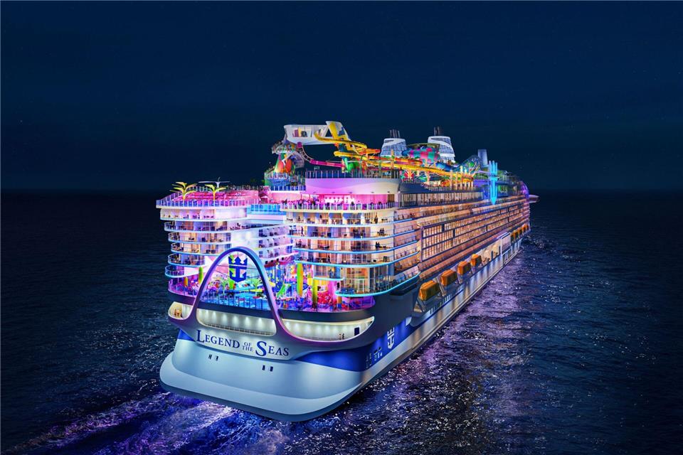 Wasserparks und Wasserstoff: Sechs Schiffs-Premieren 2026  Mit 365 Metern Länge gehört die „Legend of the Seas“ zu den längsten Kreuzfahrtschiffen, die auf den Weltmeeren unterwegs sind.Royal Caribbean International/dpa-tmn
