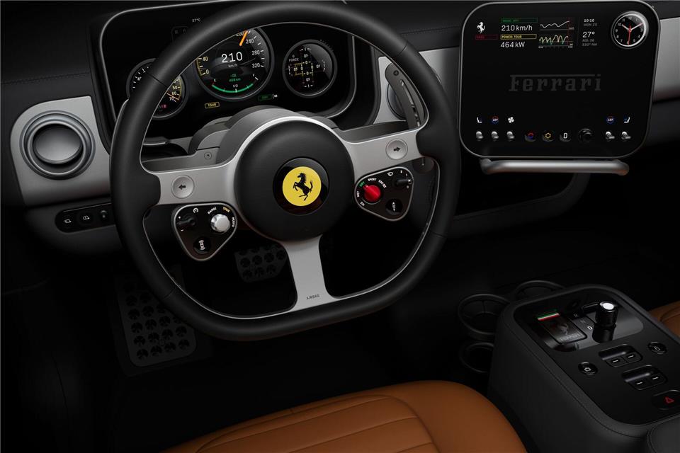Mit Cockpit im Analog-Design, klassischen Schaltern und edlen Materialien setzt der Luce innen auf Retro-Charme.Ferrari/dpa-tmn