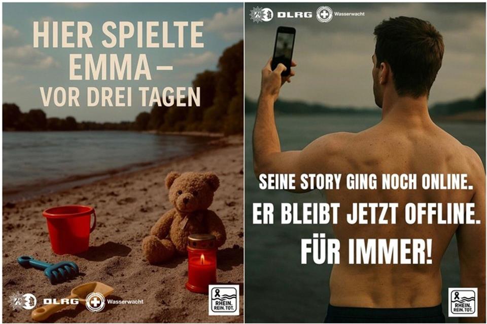 Mit Schock-Bildern sollen Menschen vom Baden im Rhein abgehalten werden. Polizei Duisburg/dpa