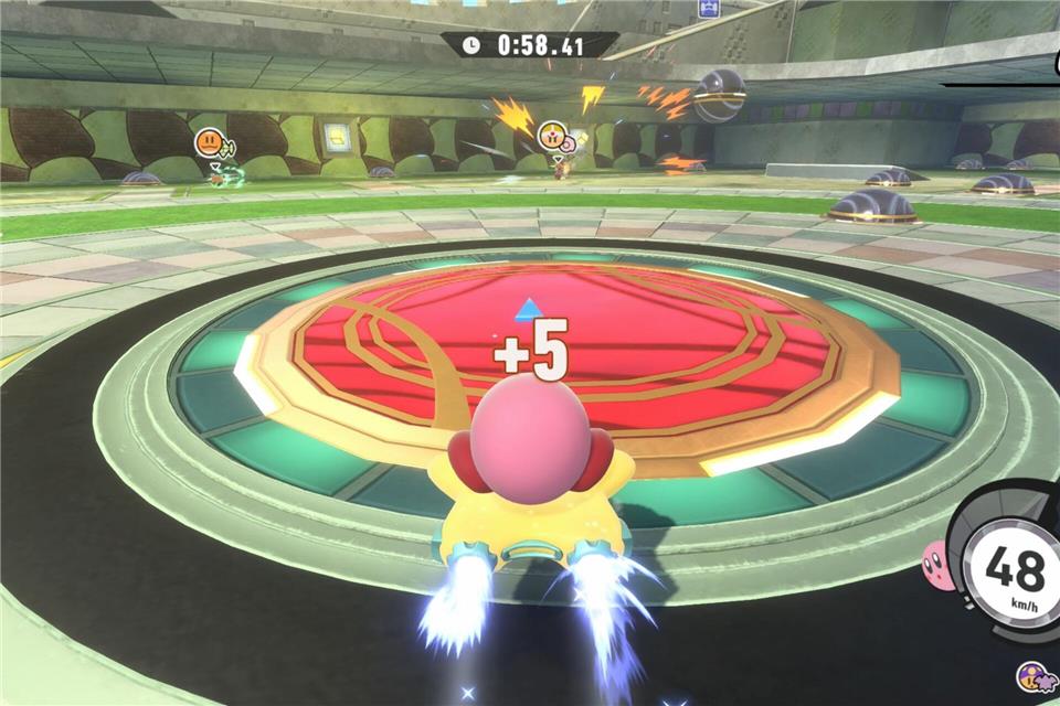 Mit Vollgas in die Arena - apropos: Das Gasgeben läuft in „Kirby Air Riders“ automatisch ab. Spielende müssen nur den sogenannten Boost steuern.Nintendo/dpa-tmn