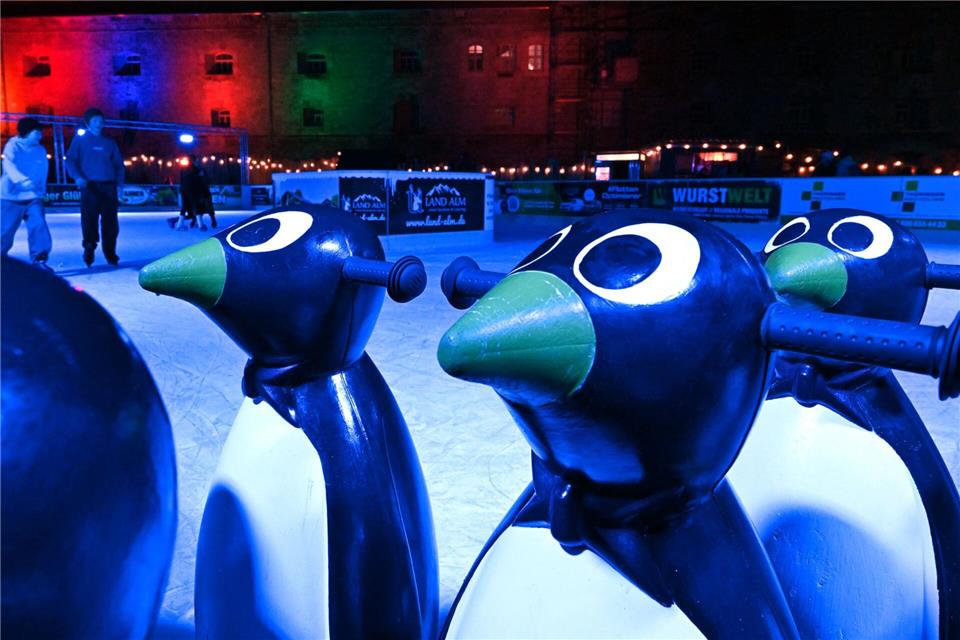 Mit der Weihnachtsmarktsaison hat in mehreren Thüringer Städten auch die Schlittschuhsaison auf Open-Air-Eisbahnen begonnen.Martin Schutt/dpa