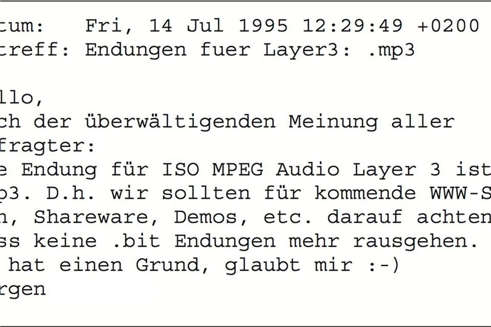 Mit dieser E-Mail wurde 1995 der Name der Dateiendung .mp3 besiegelt.-/Fraunhofer IIS/dpa