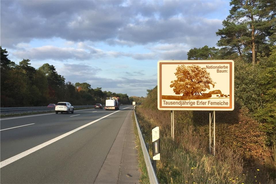 Mit dieser Montage hat Reinhard G. Nießing einen Entwurf erstellt, wie die touristische Tafel aussehen könnte, die an der A 31 auf die Erler Femeiche verweist.