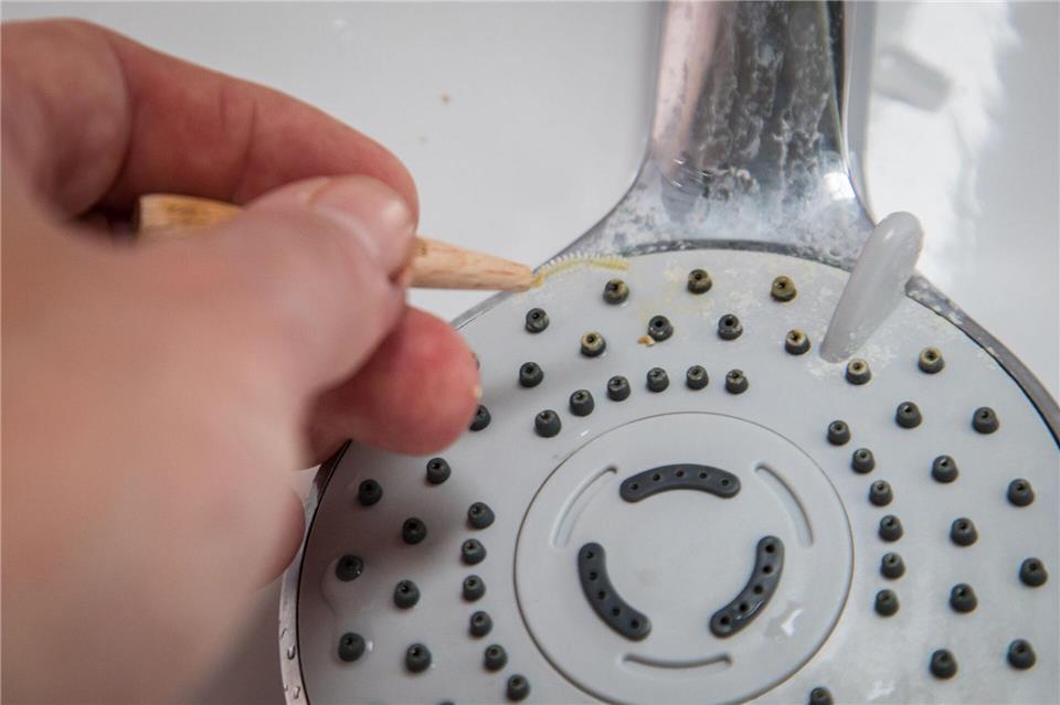 Mit einer Interdentalbürste lassen sich die feinen Düsen des Duschkopfes mühelos von Kalk befreien.Christin Klose/dpa-tmn