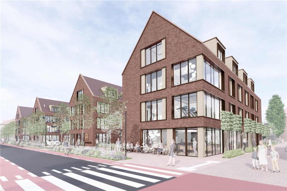 Mit vier Giebeln soll der neue Gebäudekomplex künftig an der Brinkstraße in Erscheinung treten. Mit deutlichen Markierungen erhalten Radfahrer Raum auf der Fahrbahn.