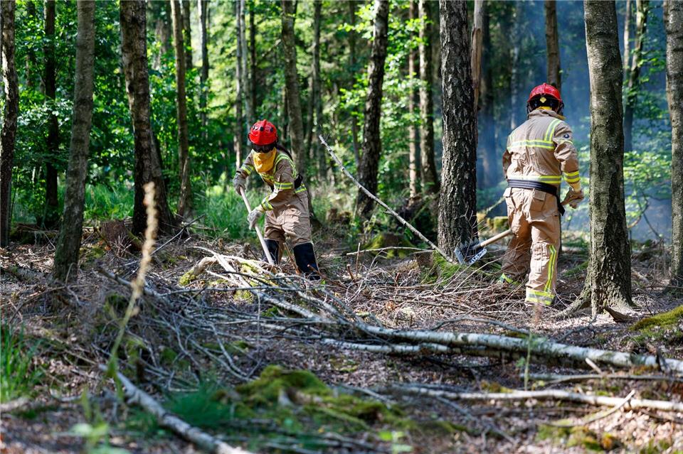 Mitglieder der freiwilligen Feuerwehr Simmerath graben mit dem Multifunktionswerkzeug Gorgui, welches ausschließlich für die Bekämpfung von Waldbränden entwickelt wurde, Feuerschneisen in den Wald.Thomas Banneyer/dpa
