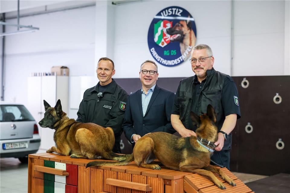 NRW-Justizminister Benjamin Limbach überzeugte sich bei einem Besuch des Trainingszentrums vom Können der Tiere und ihrer Ausbilder. Christoph Reichwein/dpa