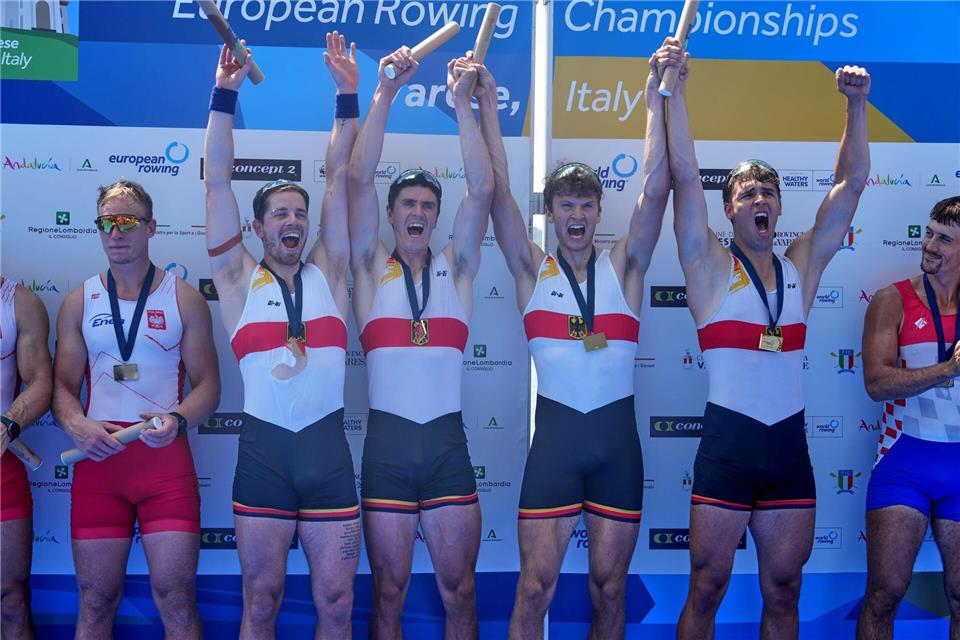 Nach 13 Jahren gab es bei einer EM wieder eine Medaille im Männer-Doppelvierer. Antonio Calanni/AP/dpa