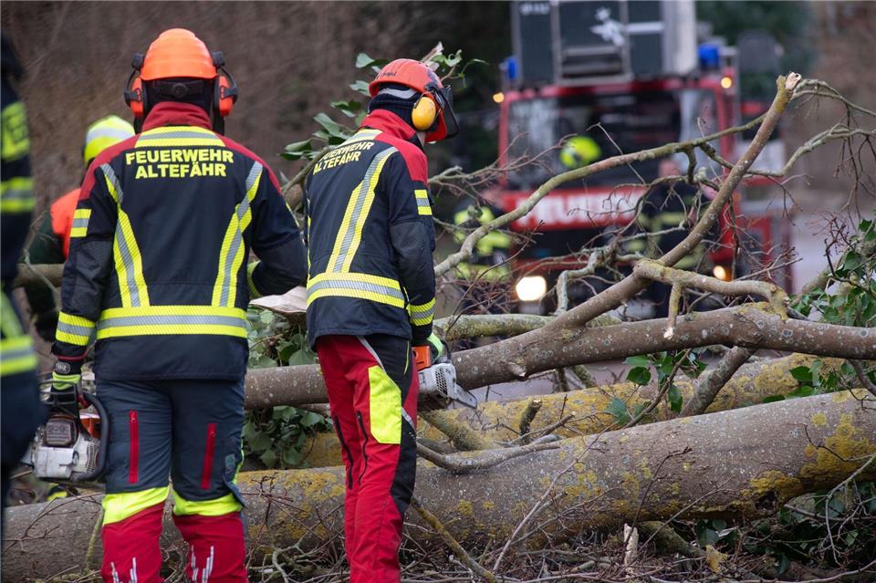 Nach Orkanböen räumen Feuerwehrleute die Straßen in der Ortschaft Altefähr. (Archivfoto) Stefan Sauer/dpa