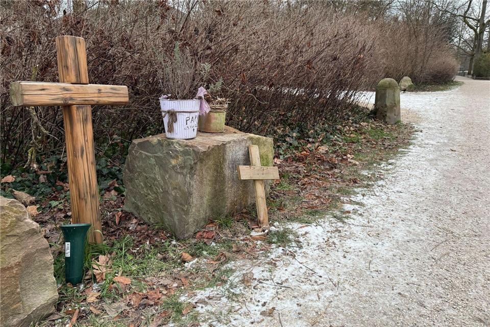 Nahe des Tatortes im Schlosspark von Wiesbaden-Biebrich erinnern Kreuze an das Opfer.Andrea Löbbecke/dpa