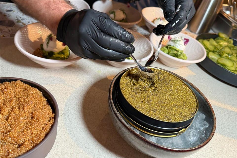 Neben Imperial Kaviar auf Eis steht zum Anrichten der Vorspeise im „Clash Kitchens“ auch die pflanzliche Alternative zum Kaviar bereit: Senfkaviar, zubereitet und mariniert aus Senfkörnern (l). Claudia Wittke-Gaida/dpa-tmn