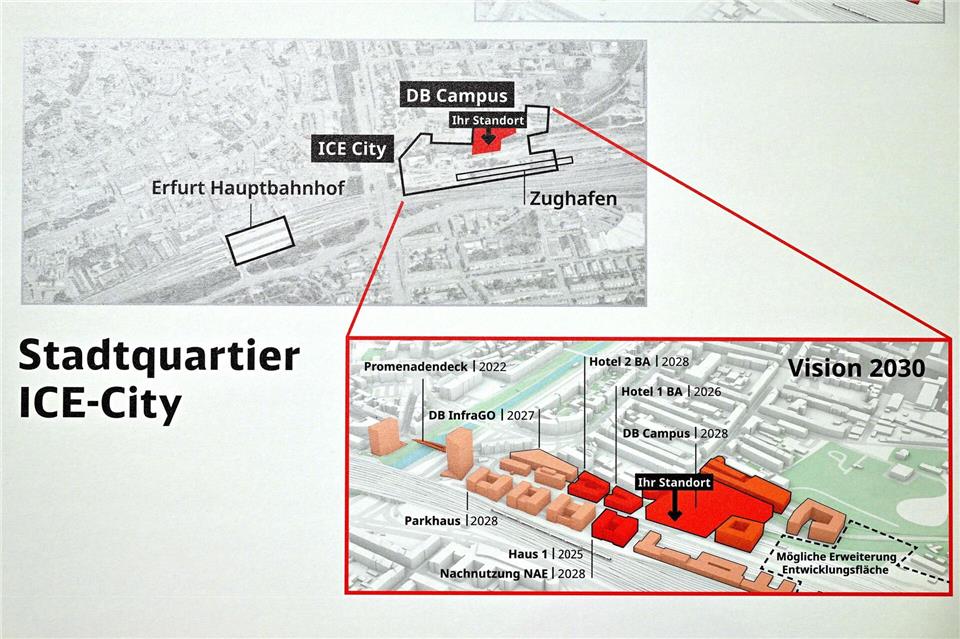 Deutsche Bahn investiert in Büro- und Ausbildungskomplex Neben dem DB-Campus entsteht in der ICE-City in Erfurt ein Bürobau der Deutschen Bahn AG. Martin Schutt/dpa