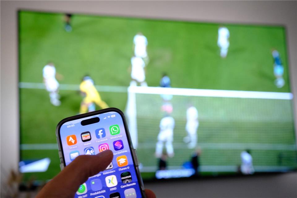 Nebenbei mal daddeln: Während das Fußballspiel läuft, schauen viele Zuschauer nebenbei aufs Handy. (Symbolbild)Bernd Weißbrod/dpa
