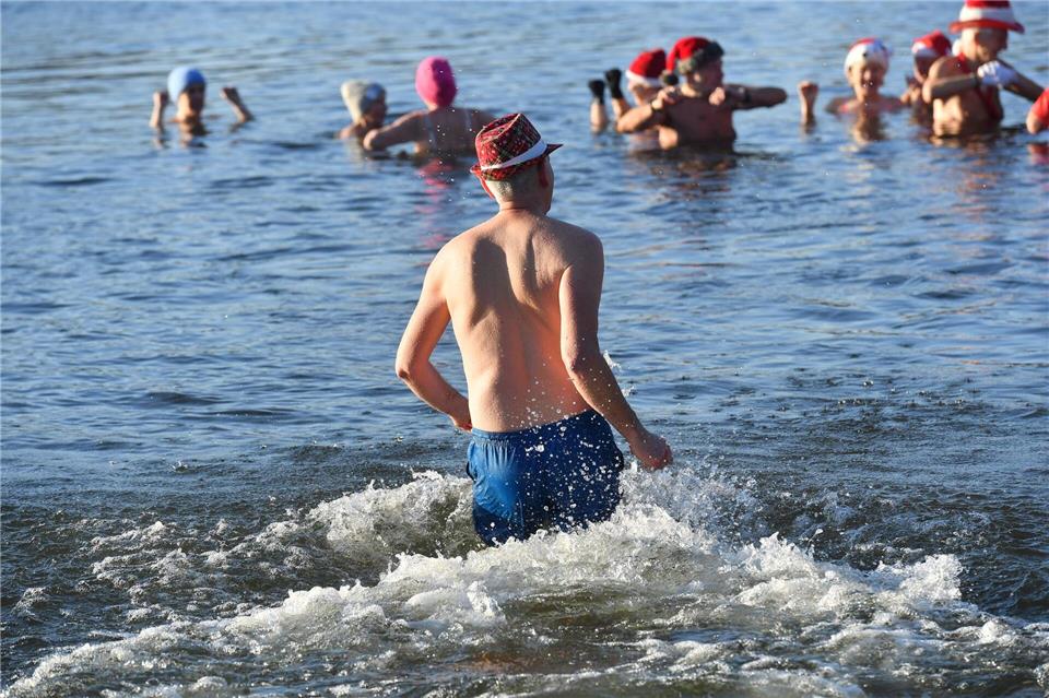Nicht nur an Weihnachten und Neujahr baden die Berliner Seehunde bei eiskalten Temperaturen im Berliner Orankesee.Paul Zinken/dpa