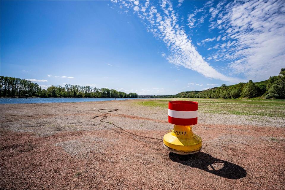 Niedrigwasser am Rhein: Eine Tonne für die Schifffahrt liegt bei Nierstein auf dem Trockenen. Andreas Arnold/dpa