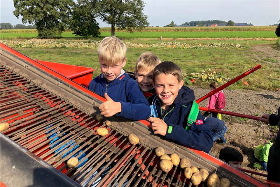Niklas, Florian und Jannik aus der 3c kennen sich jetzt mit dem Kartoffelroder aus.