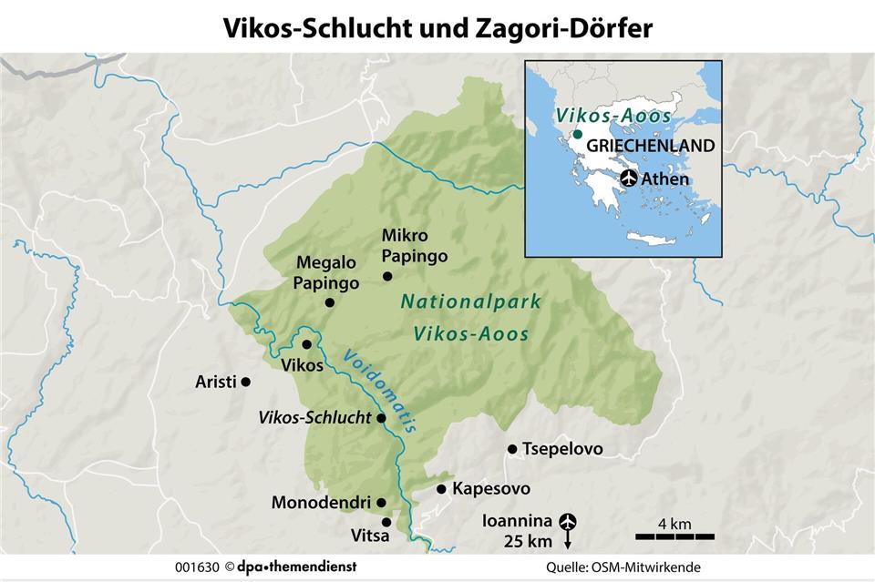 Nirgendwo in Hellas ist die Erde tiefer eingeschnitten als in Zagori. Die Vikos-Schlucht ist aber nicht das einzige steinerne Wunder.dpa-Infografik Gmbh/dpa-tmn