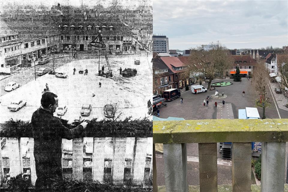 Ob 1960 oder 2025, ob Marktplatz mit oder ohne Parkplätze: Zu Weihnachten wird etwas aufgestellt. Sei es nun Weihnachtsbaum oder übergroßer Adventskranz.
