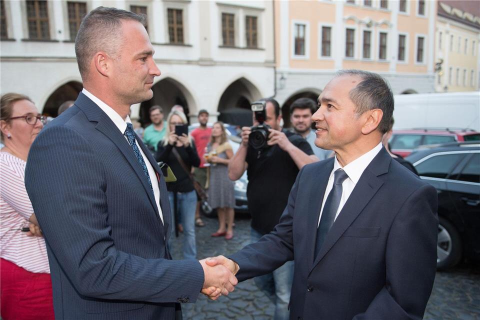 Octavian Ursu (CDU) und Sebastian Wippel (AfD) traten bereits bei der letzten Oberbürgermeisterwahl 2019 gegeneinander an. (Archivbild)Sebastian Kahnert/dpa-Zentralbild/dpa