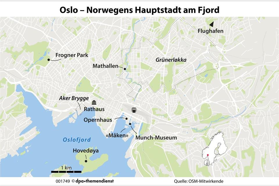 Oslo liegt im Südosten des Landes am Oslofjord, der zum Skagerrak und damit der Nordsee gehört.dpa-infografik/dpa-tmn