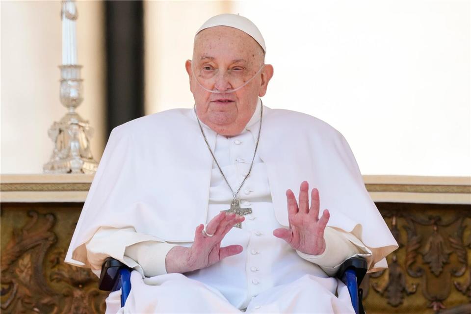 Papst Franziskus spricht zu den Gläubigen.Andrew Medichini/AP/dpa