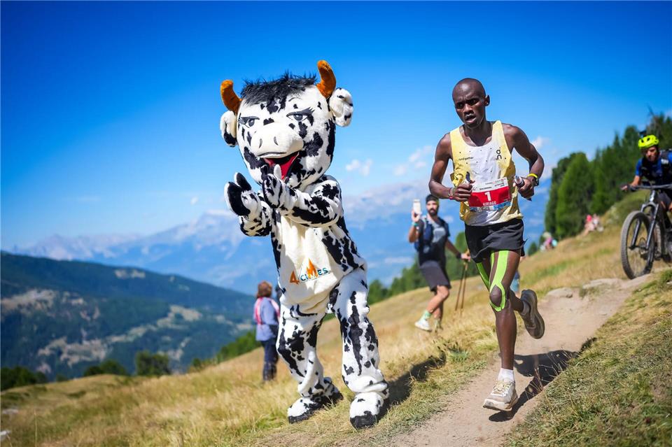 Philemon Ombogo Kiriago beim 53. Sierre-Zinal-Berglauf: Fan in Kuh-Kostüm sorgt für tierische UnterstützungMaxime Schmid/KEYSTONE/dpa