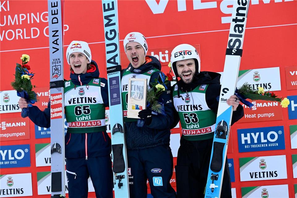 Philipp Raimund jubelte über Platz eins in Lahti.Emmi Korhonen/Lehtikuva/dpa