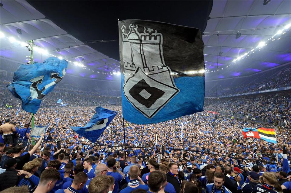 Platzsturm nach Aufstieg: HSV-Fans auf dem Rasen des Volksparkstadions. Christian Charisius/dpa