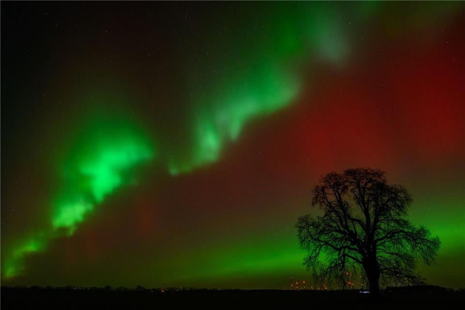 Polarlichter sind am Himmel über Brandenburg zu sehen. Patrick Pleul/dpa