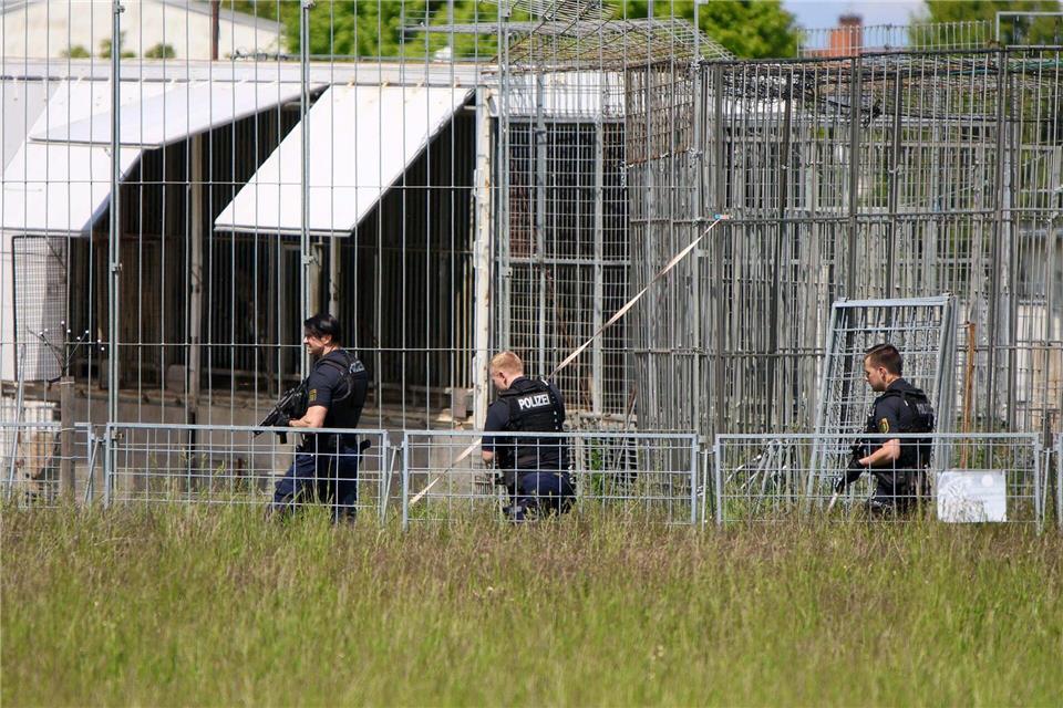 Polizisten sichern das Gelände nach dem Ausbruch eines Tigers aus einer privaten Haltung.Björn Stach/EHL Media/dpa