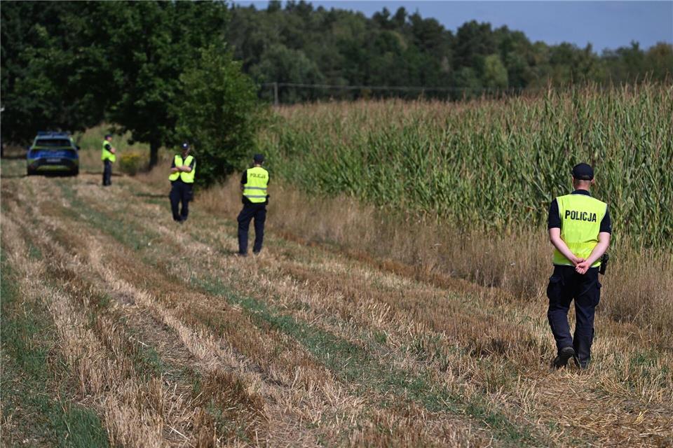 Polnische Polizisten sichern das Gebiet eines Maisfeldes in Osiny in Ostpolen, in das ein unbekanntes Flugobjekt gestürzt ist. (Foto aktuell)Wojtek Jargilo/PAP/dpa