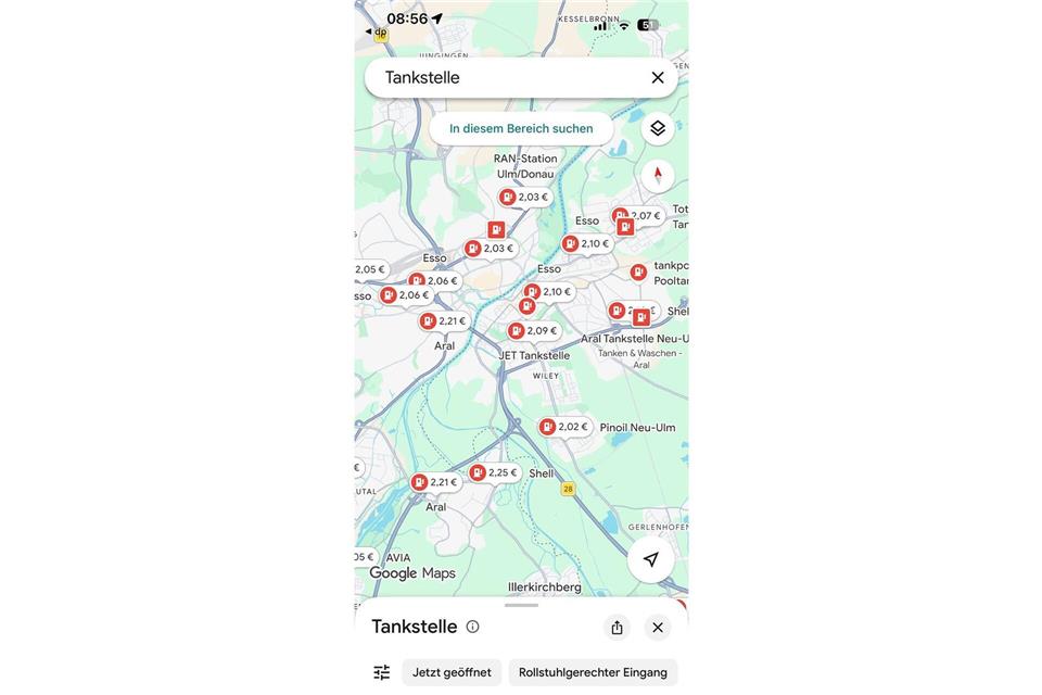 Praktisch: Tankstellenpreise in der Umgebung werden in der Google Maps-App angezeigt. Google/dpa-tmn