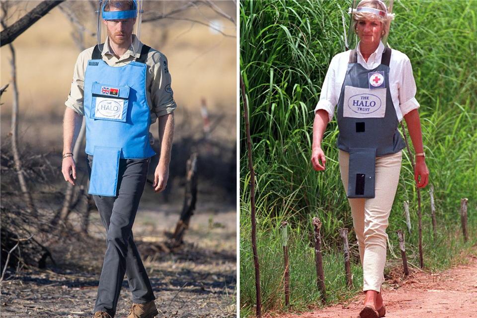 Prinz Harry wanderte schon vor einigen Jahren auf den Spuren seiner Mutter, als er ein berühmtes Bild von Prinzessin Diana in einem Minenfeld in Angola nachstellte. (Archivbild)Pa/PA Wire/dpa