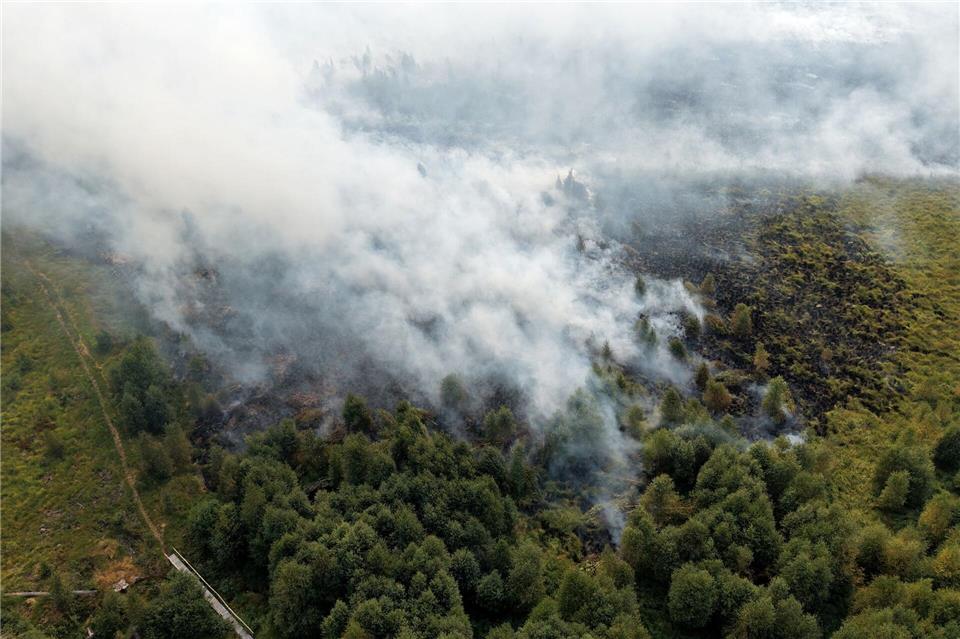 Rauchschwaden ziehen über den großen Waldbrand im Hohen Venn hinweg.Kevin Schößler/dpa