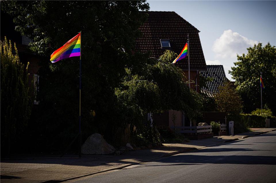 Regenbogenfahnen wehen in einer Straße in Wahrenholz.Moritz Frankenberg/dpa