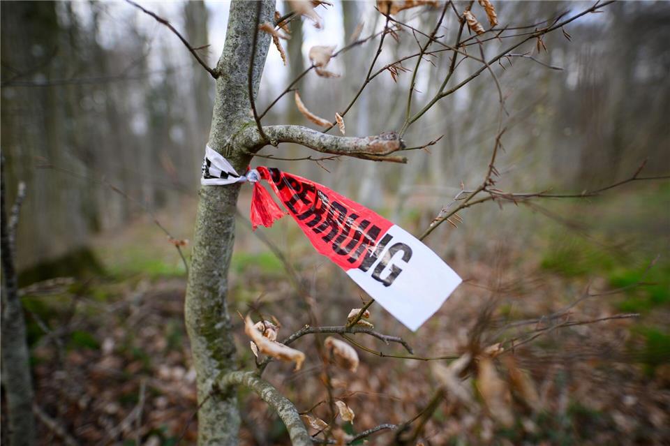 Reste einer Polizeiabsperrung sind in dem betroffenen Waldstück zu sehen.Daniel Reinhardt/dpa