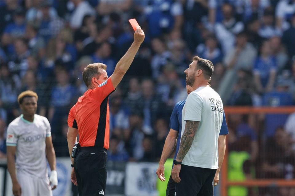 Rot nach dem Schlusspfiff: Tobias Stieler bestraft den Trainer Mitch Kniat für eine provokante Aussage.Friso Gentsch/dpa