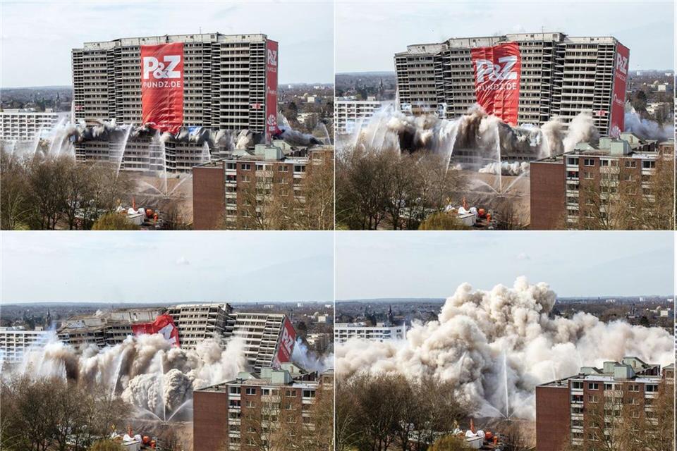 Sprengung in Duisburg: Ein Problemhaus verschwindet Rund 290 Kilogramm Sprengstoff verwandelten 2019 den ersten „Weißen Riesen“ in einen Schutthaufen. Die Sprengung am Sonntag wird ganz ähnlich ablaufen. (Archivbild)Christoph Reichwein/dpa