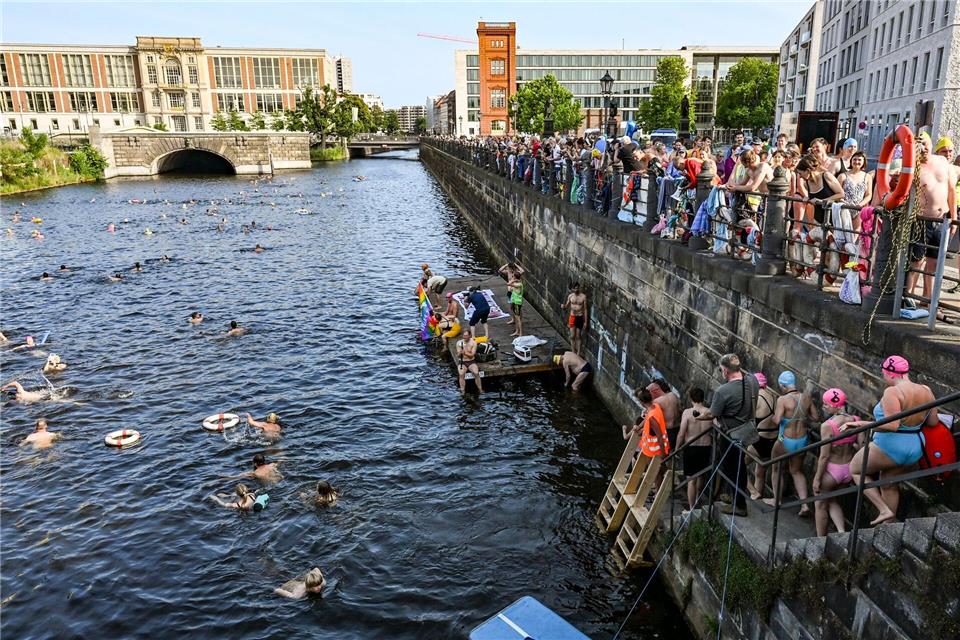 Rund 300 Menschen haben bei einer Schwimmdemo auf der Museumsinsel mitgemacht.Jens Kalaene/dpa