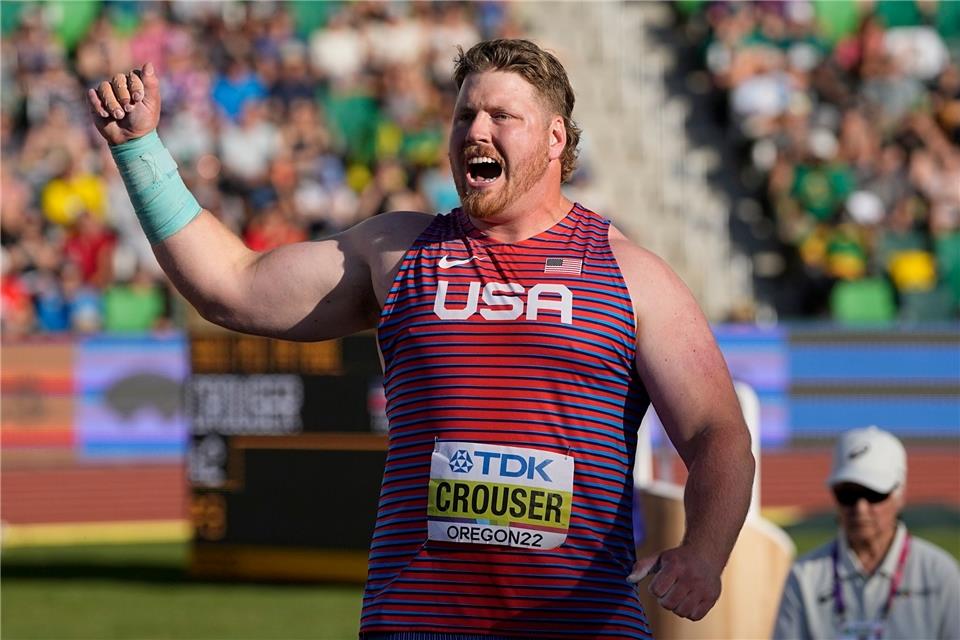 Ryan Crouser aus den Vereinigten Staaten reagiert während des Finales im Kugelstoßen der Männer.