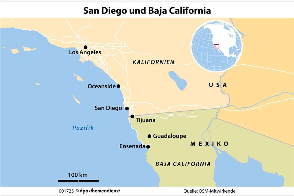 San Diego liegt im tiefsten Süden Kaliforniens, direkt an der Grenze zu Mexiko. Der Großraum erstreckt sich über Dutzende Meilen, von Oceanside und La Jolla im Norden bis zu den Grenzübergängen.dpa-infografik/dpa-tmn