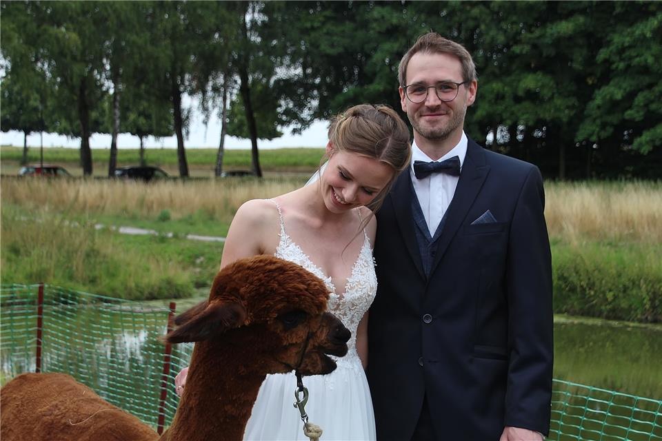 Sandra und Tobias Prell sind schon verheiratet. Die Alpakas, derzeit ein Hochzeits-Trend, fanden sie aber auch interessant.