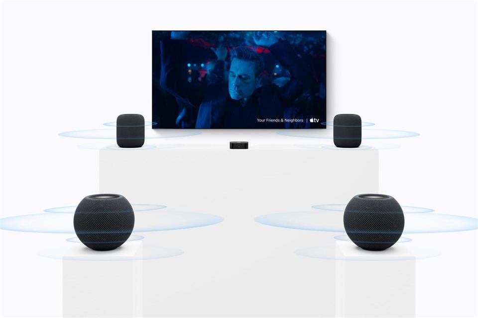 Schema fürs Heimkino: Mit der neuen technischen Basis ist es erstmals möglich, vier HomePod-Lautsprecher für Sourround-Sound zu verbinden.Apple/dpa-tmn