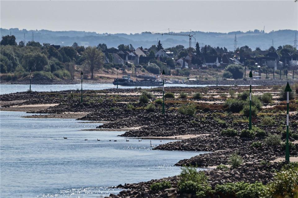Schiffe fahren bei Niedrigwasser auf dem Rhein.Oliver Berg/dpa